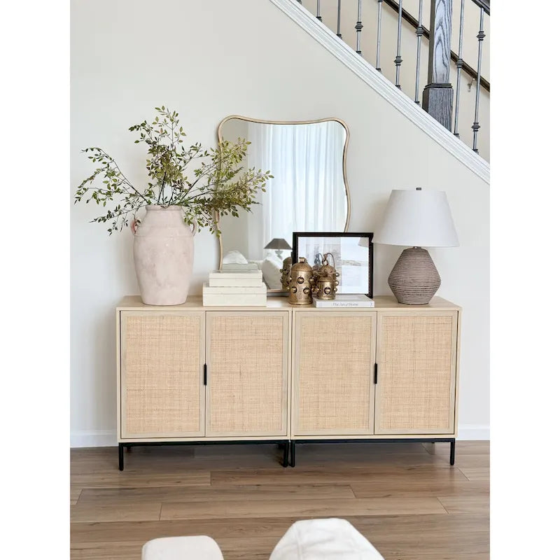 Meuble de rangement Andrew Bohemian pour entrée ou buffet de cuisine, meuble TV ou meuble d'appoint en rotin avec pieds en métal