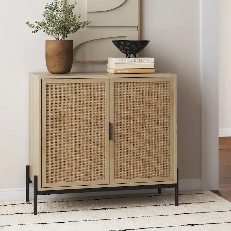 Meuble de rangement Andrew Bohemian pour entrée ou buffet de cuisine, meuble TV ou meuble d'appoint en rotin avec pieds en métal