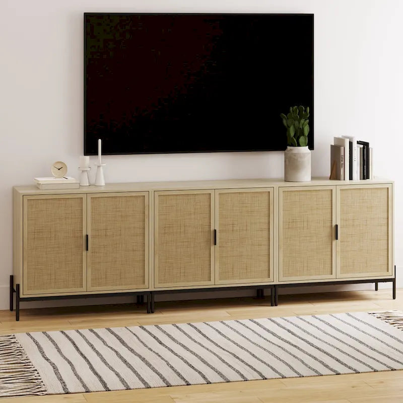 Meuble de rangement Andrew Bohemian pour entrée ou buffet de cuisine, meuble TV ou meuble d'appoint en rotin avec pieds en métal
