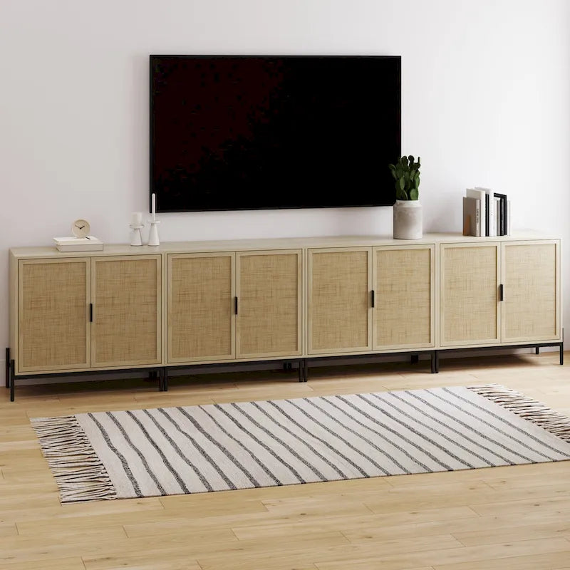 Meuble de rangement Andrew Bohemian pour entrée ou buffet de cuisine, meuble TV ou meuble d'appoint en rotin avec pieds en métal