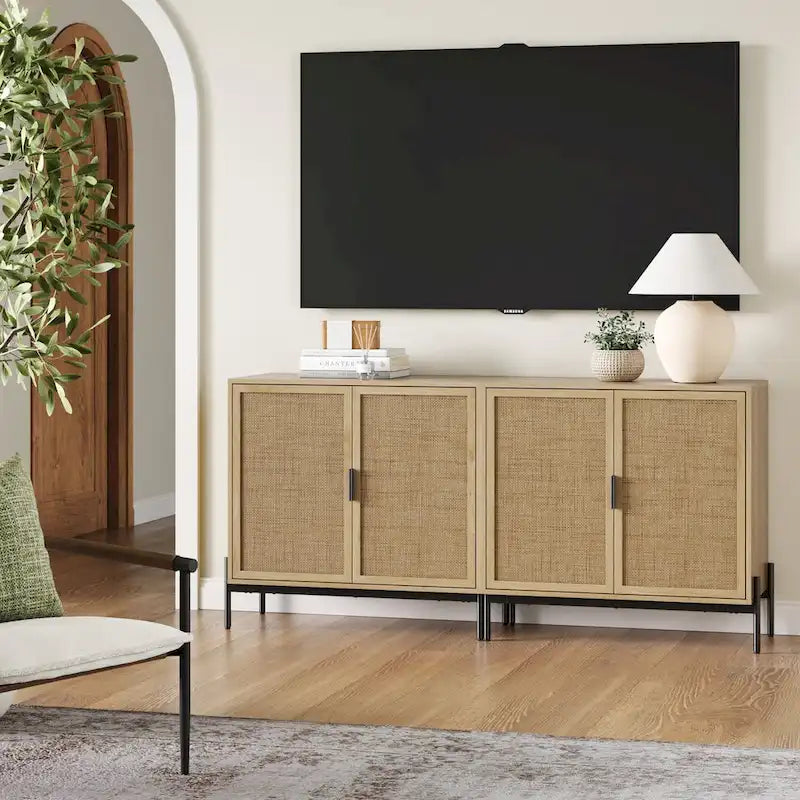 Meuble de rangement Andrew Bohemian pour entrée ou buffet de cuisine, meuble TV ou meuble d'appoint en rotin avec pieds en métal