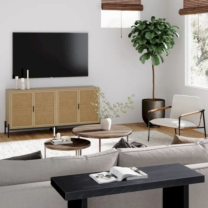 Meuble de rangement Andrew Bohemian pour entrée ou buffet de cuisine, meuble TV ou meuble d'appoint en rotin avec pieds en métal