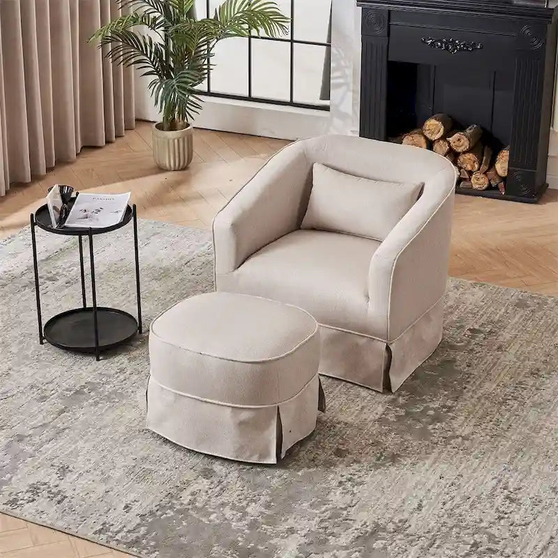 Swivel Barrel Chair with Ottoman and Black Metal Base