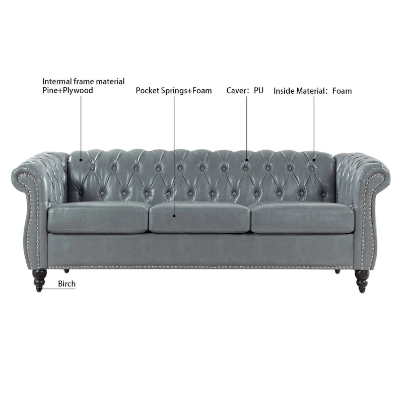 Canapé Chesterfield 3 places à accoudoirs arrondis, plusieurs coloris