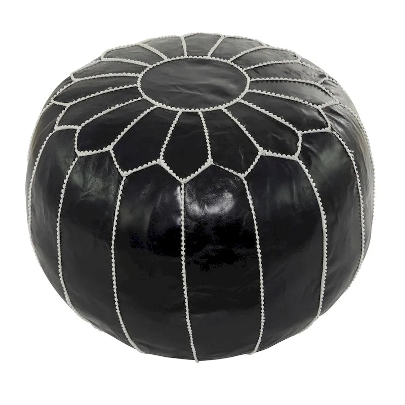 Pouf marocain en cuir floral avec surpiqûres blanches - Noir ou marron clair - Roche River Decor