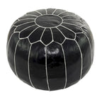 Pouf marocain en cuir floral avec surpiqûres blanches - Noir ou marron clair - Roche River Decor