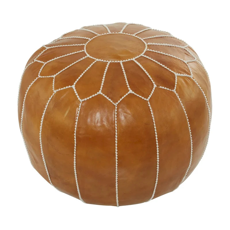 Pouf marocain en cuir floral avec surpiqûres blanches - Noir ou marron clair - Roche River Decor