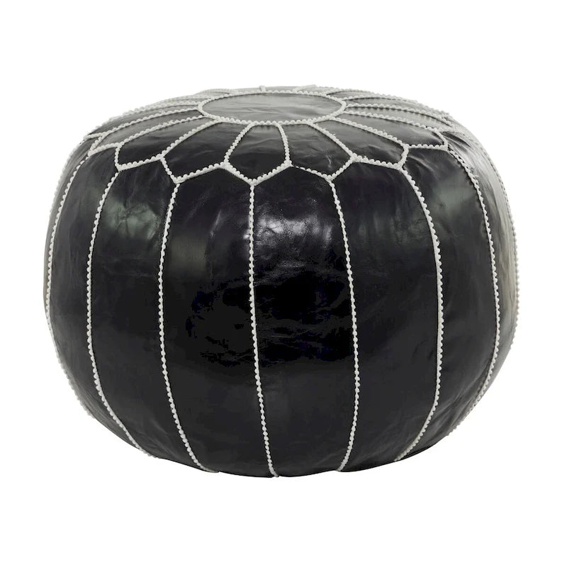 Pouf marocain en cuir floral avec surpiqûres blanches - Noir ou marron clair - Roche River Decor
