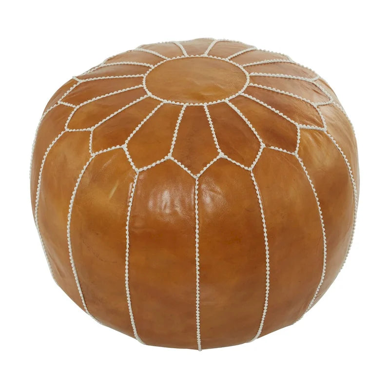 Pouf marocain en cuir floral avec surpiqûres blanches - Noir ou marron clair - Roche River Decor