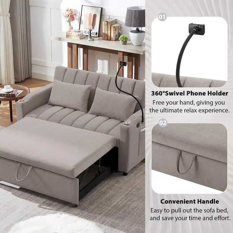 Canapé-lit convertible avec ports USB, poches latérales et support pivotant