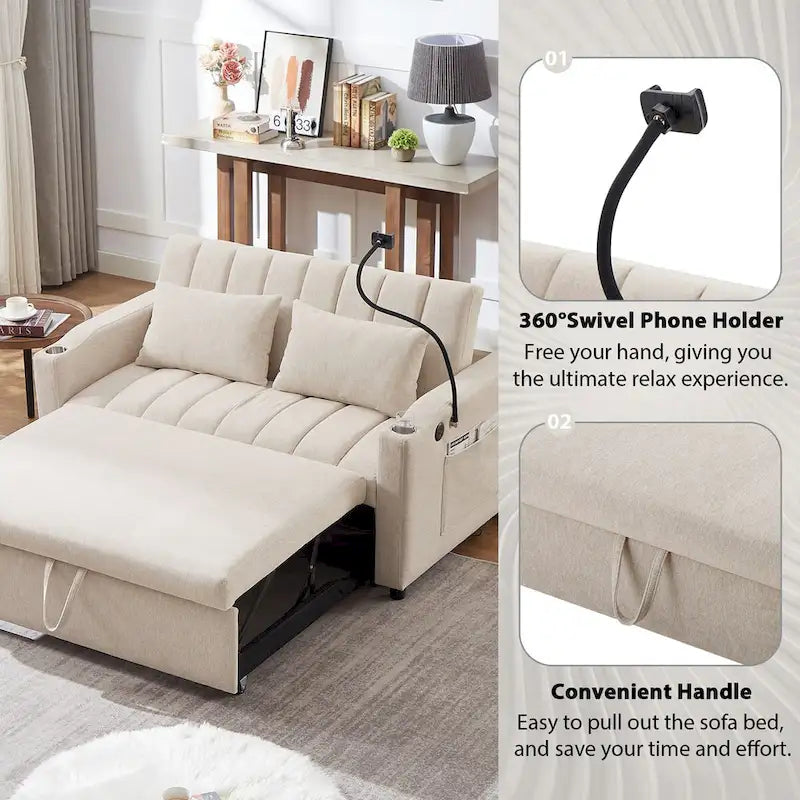 Canapé-lit convertible avec ports USB, poches latérales et support pivotant