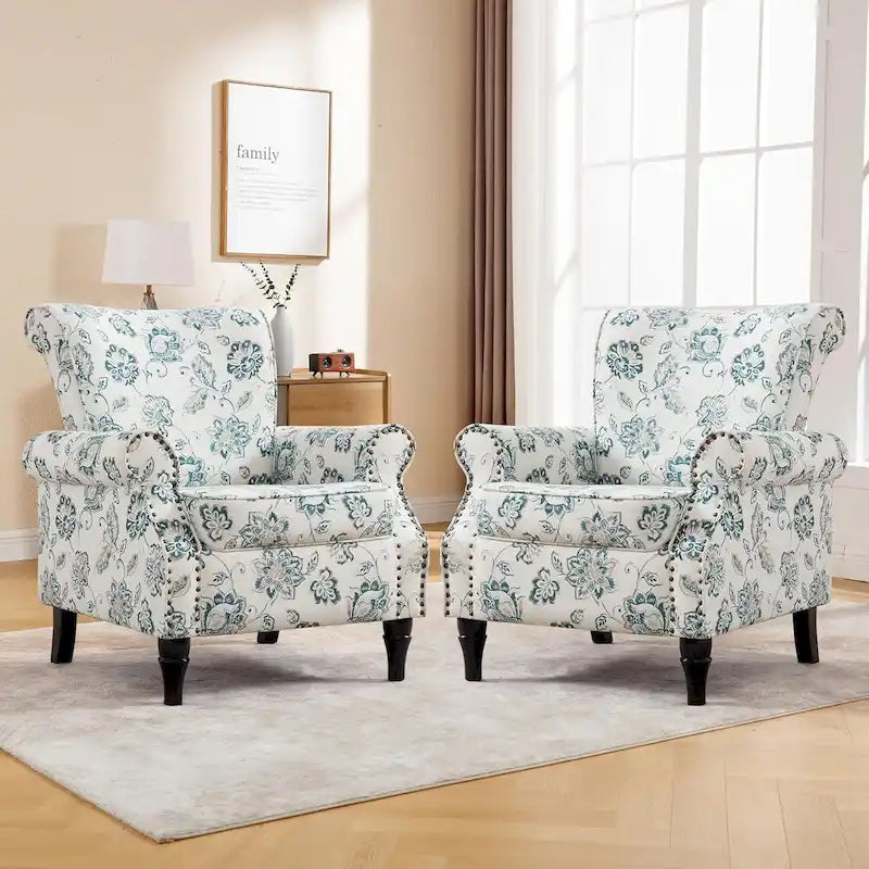 HOMYKA Fauteuil d'appoint capitonné floral avec accoudoirs roulés et garniture cloutée, lot de 2