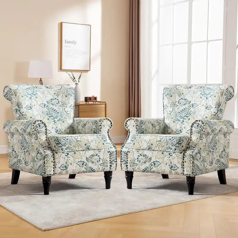 HOMYKA Fauteuil d'appoint capitonné floral avec accoudoirs roulés et garniture cloutée, lot de 2