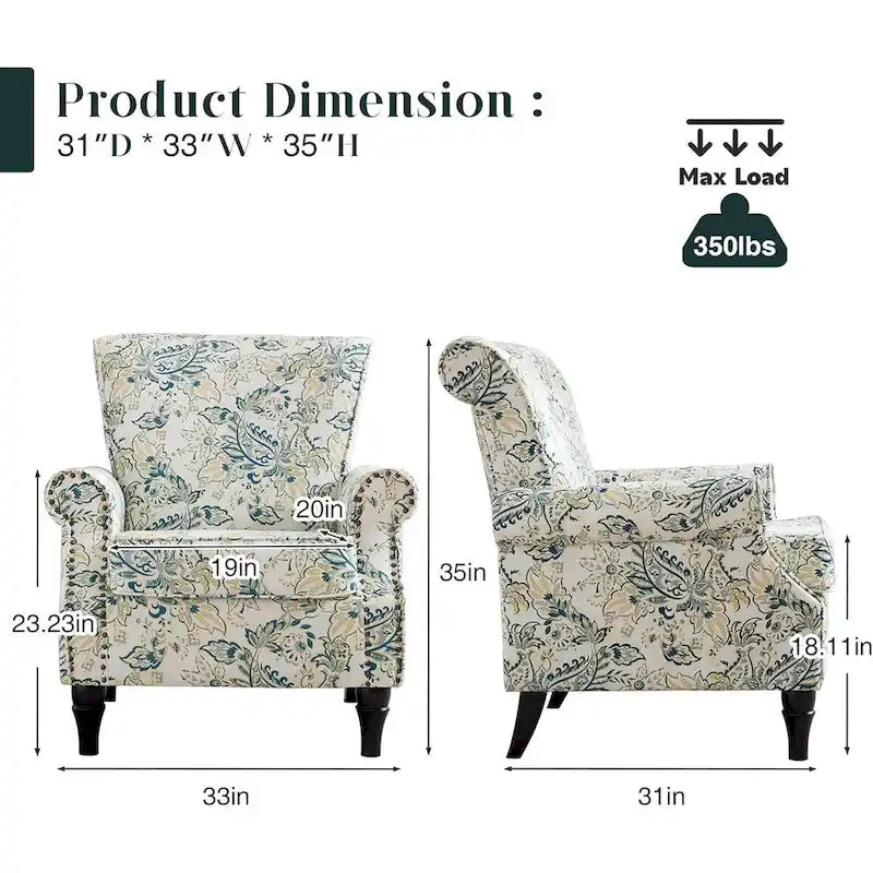 HOMYKA Fauteuil d'appoint capitonné floral avec accoudoirs roulés et garniture cloutée, lot de 2