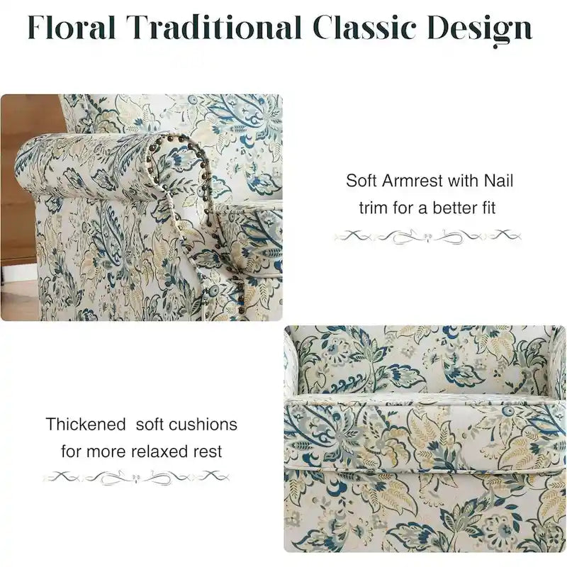 HOMYKA Fauteuil d'appoint capitonné floral avec accoudoirs roulés et garniture cloutée, lot de 2