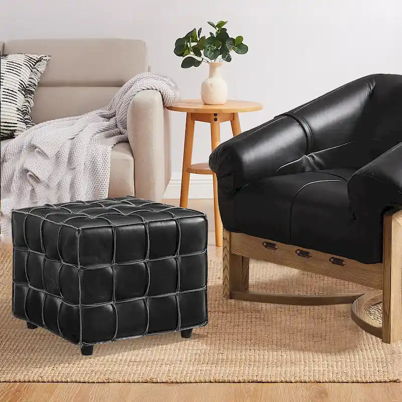 Pouf carré en cuir pleine fleur Art Leon