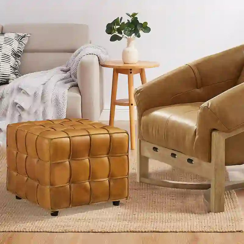 Pouf carré en cuir pleine fleur Art Leon