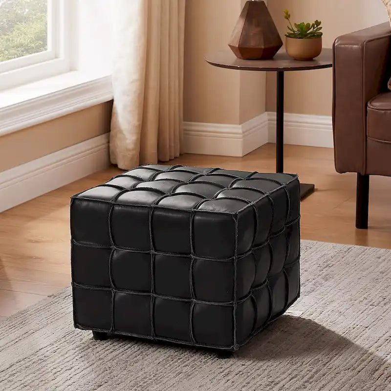 Pouf carré en cuir pleine fleur Art Leon