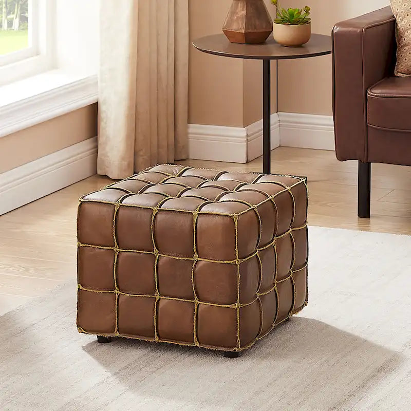 Pouf carré en cuir pleine fleur Art Leon