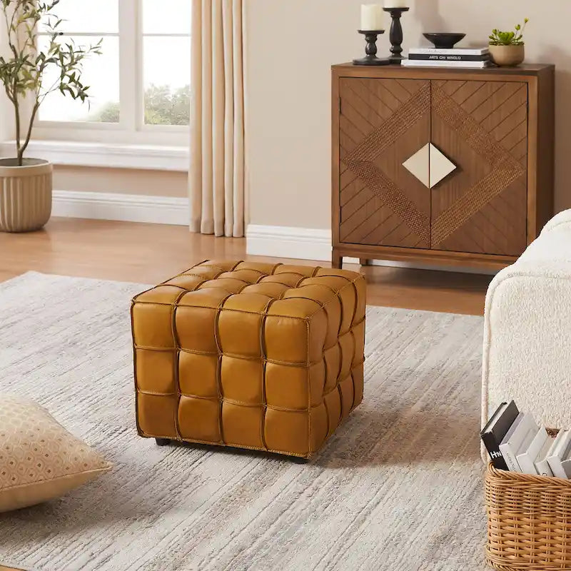 Pouf carré en cuir pleine fleur Art Leon