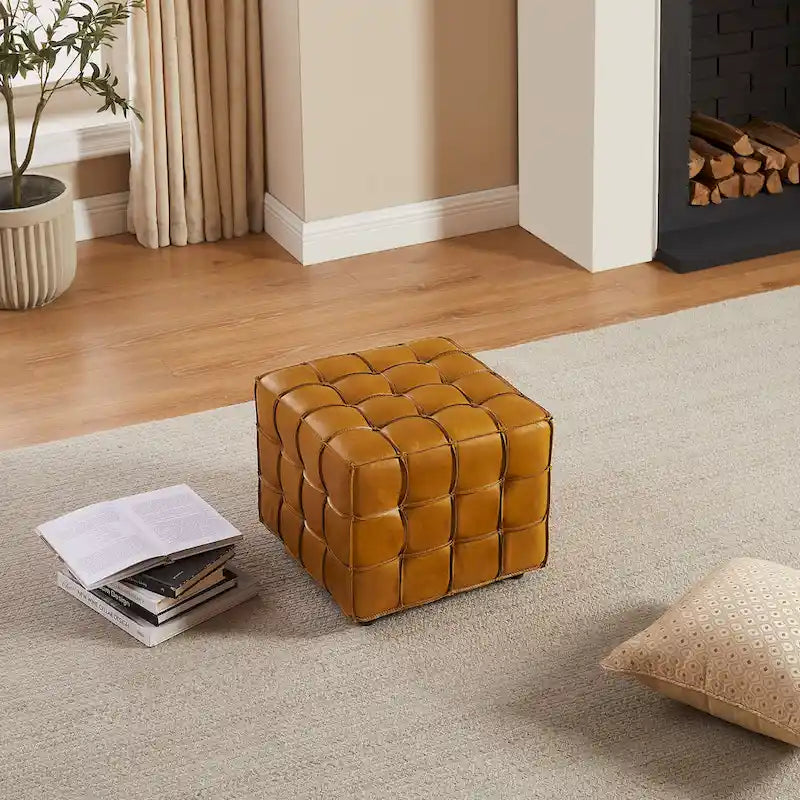 Pouf carré en cuir pleine fleur Art Leon