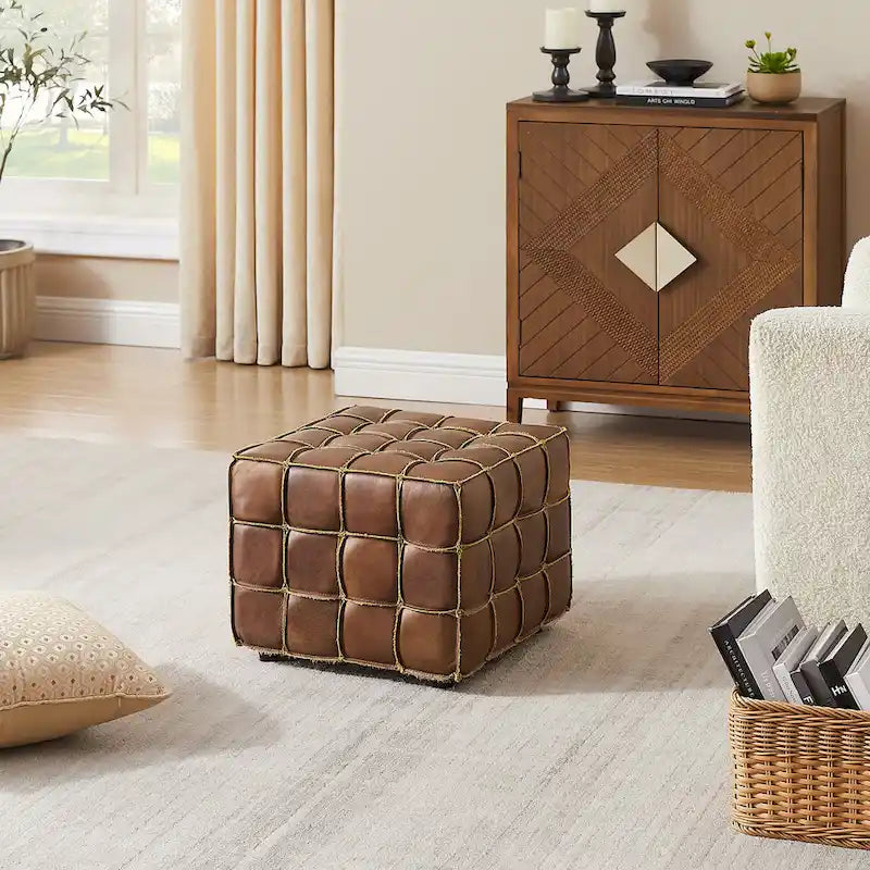 Pouf carré en cuir pleine fleur Art Leon