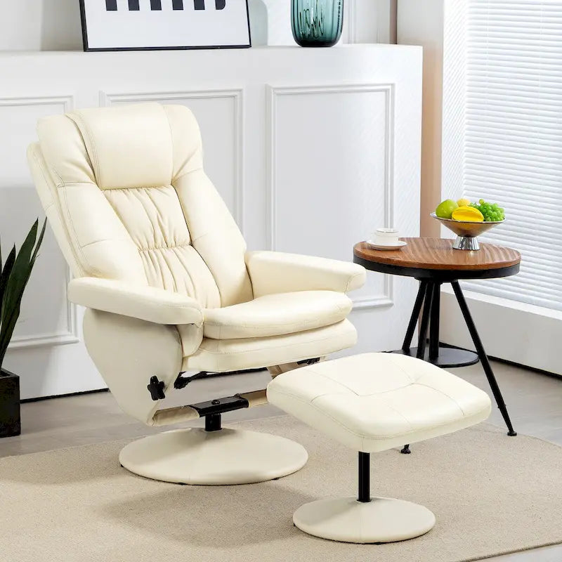 Fauteuil inclinable pivotant HOMCOM avec ottoman, cuir PU et repose-pieds avec base enveloppée, blanc crème