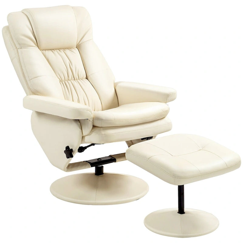 Fauteuil inclinable pivotant HOMCOM avec ottoman, cuir PU et repose-pieds avec base enveloppée, blanc crème