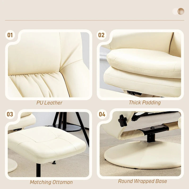 Fauteuil inclinable pivotant HOMCOM avec ottoman, cuir PU et repose-pieds avec base enveloppée, blanc crème