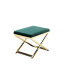 Banc Ottomane Tabouret d'Appoint Sovi 24 pouces, Velours Vert Pelucheux, Base Dorée en X