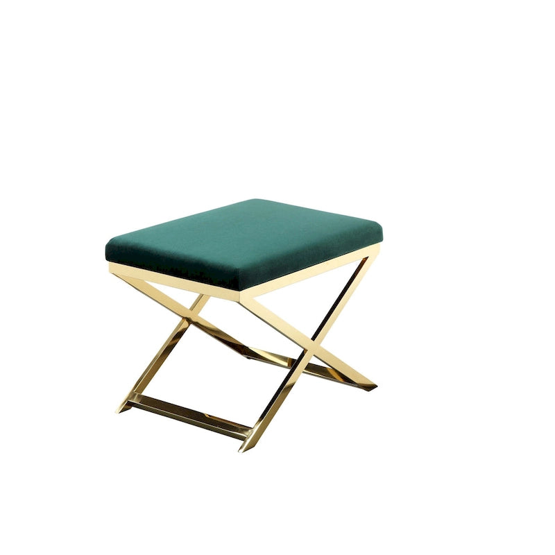 Banc Ottomane Tabouret d'Appoint Sovi 24 pouces, Velours Vert Pelucheux, Base Dorée en X