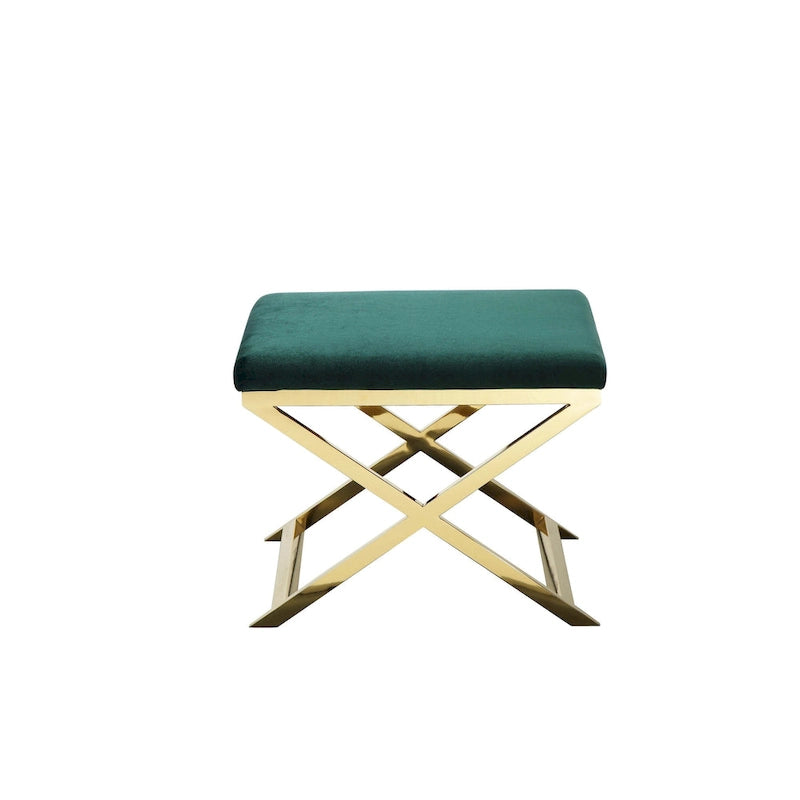 Banc Ottomane Tabouret d'Appoint Sovi 24 pouces, Velours Vert Pelucheux, Base Dorée en X