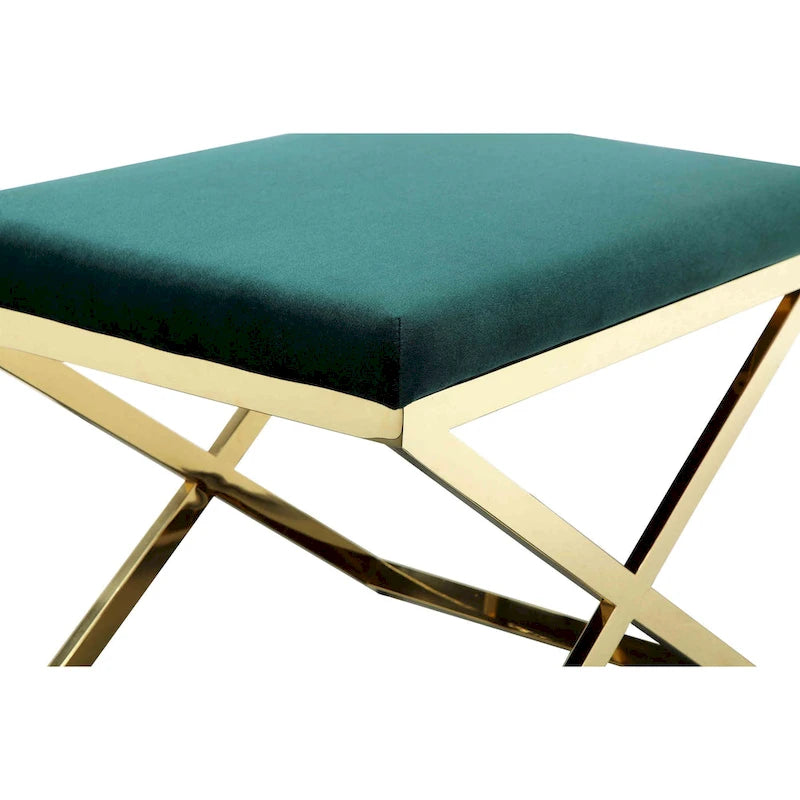 Banc Ottomane Tabouret d'Appoint Sovi 24 pouces, Velours Vert Pelucheux, Base Dorée en X