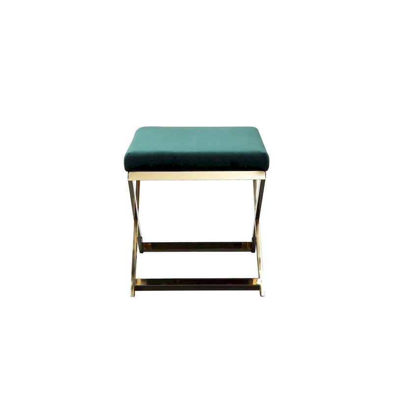 Banc Ottomane Tabouret d'Appoint Sovi 24 pouces, Velours Vert Pelucheux, Base Dorée en X