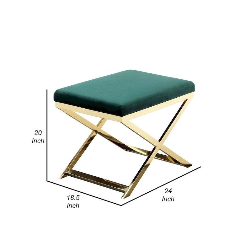 Banc Ottomane Tabouret d'Appoint Sovi 24 pouces, Velours Vert Pelucheux, Base Dorée en X