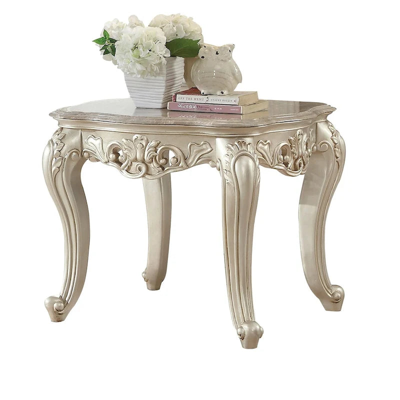 Table d'appoint de style traditionnel avec plateau en marbre et gravures en polyrésine, doré