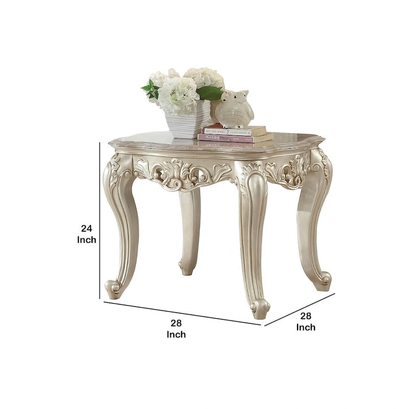 Table d'appoint de style traditionnel avec plateau en marbre et gravures en polyrésine, doré