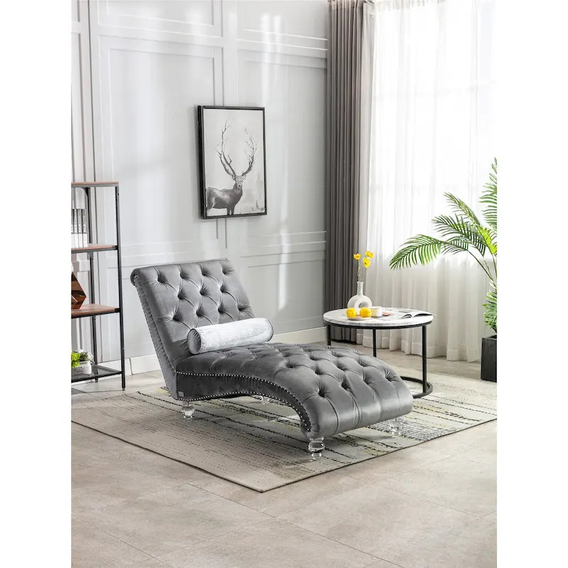 Canapé de loisir concubine avec pieds en acrylique, chaise longue traditionnelle en velours avec oreiller de soutien lombaire pour salon