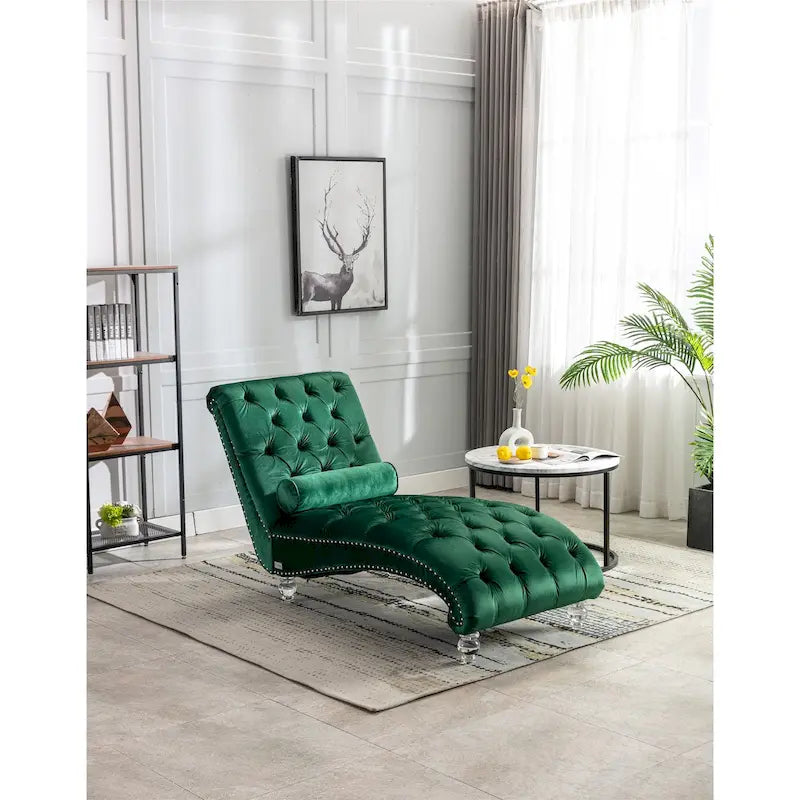 Canapé de loisir concubine avec pieds en acrylique, chaise longue traditionnelle en velours avec oreiller de soutien lombaire pour salon
