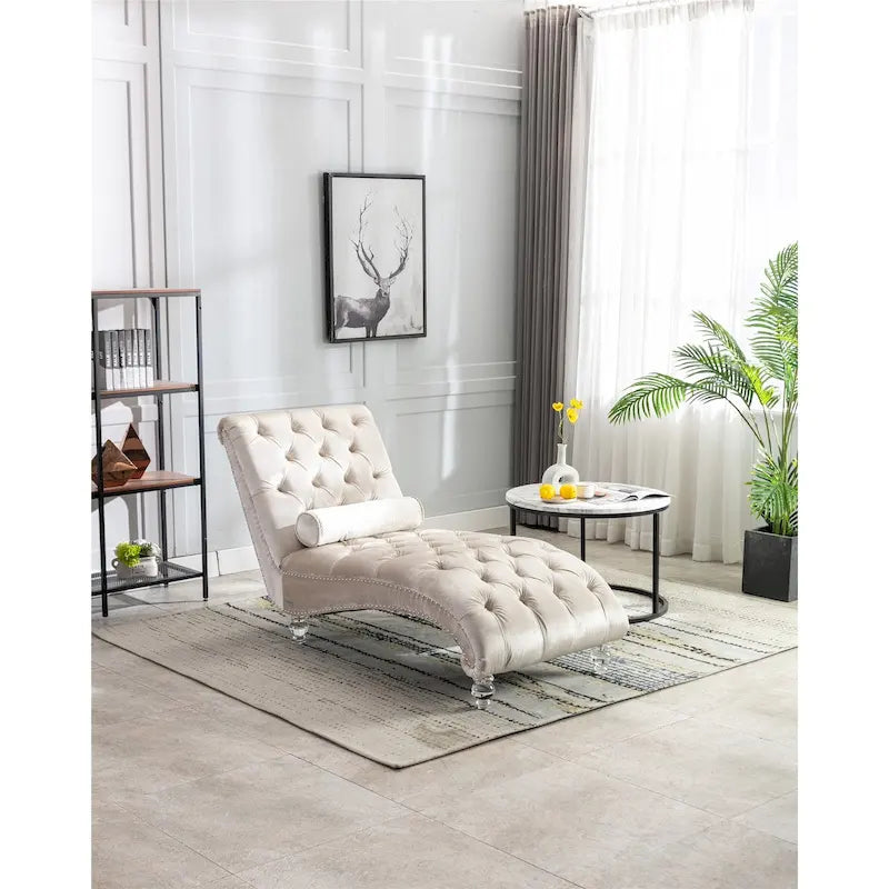 Canapé de loisir concubine avec pieds en acrylique, chaise longue traditionnelle en velours avec oreiller de soutien lombaire pour salon