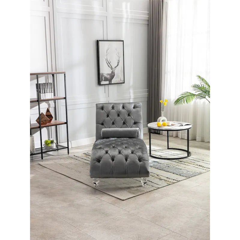 Canapé de loisir concubine avec pieds en acrylique, chaise longue traditionnelle en velours avec oreiller de soutien lombaire pour salon