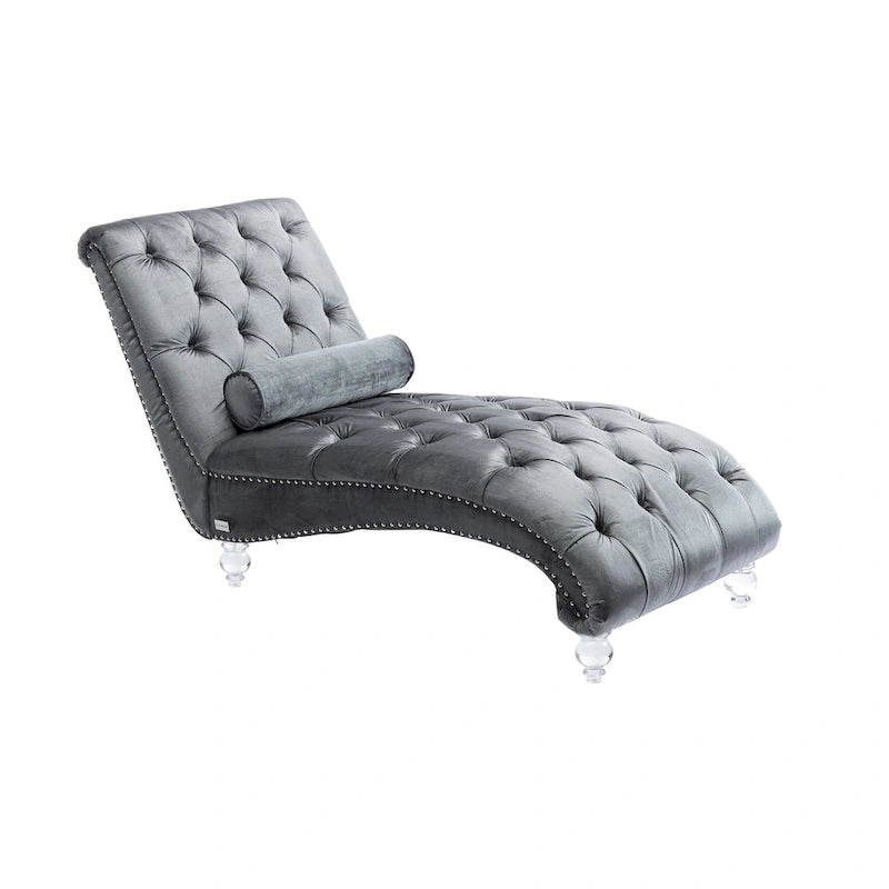 Canapé de loisir concubine avec pieds en acrylique, chaise longue traditionnelle en velours avec oreiller de soutien lombaire pour salon