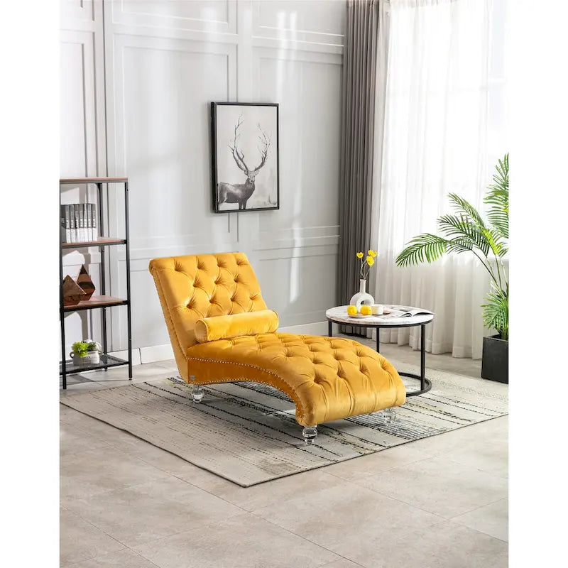 Canapé de loisir concubine avec pieds en acrylique, chaise longue traditionnelle en velours avec oreiller de soutien lombaire pour salon