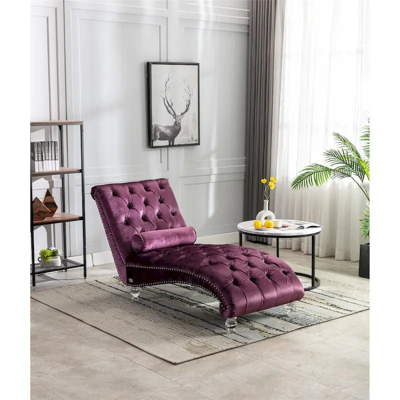 Canapé de loisir concubine avec pieds en acrylique, chaise longue traditionnelle en velours avec oreiller de soutien lombaire pour salon