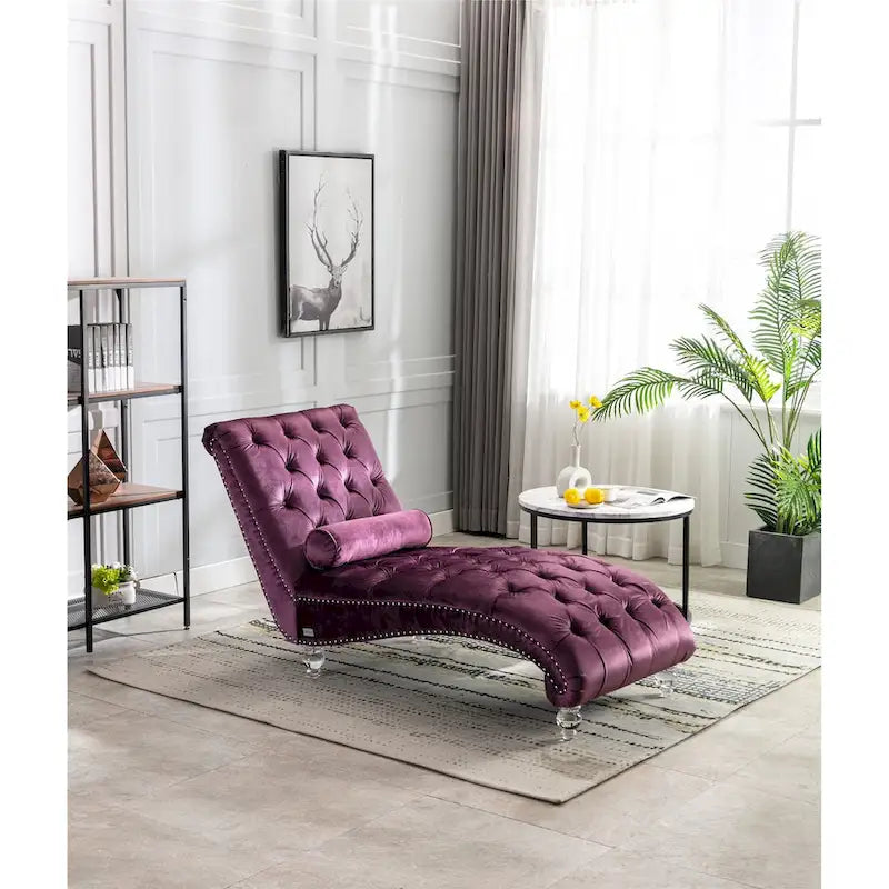 Canapé de loisir concubine avec pieds en acrylique, chaise longue traditionnelle en velours avec oreiller de soutien lombaire pour salon