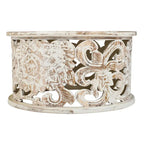 Table basse Alina en manguier sculpté à la main, motif floral ajouré, finition blanc vieilli, 33 po
