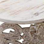 Table basse Alina en manguier sculpté à la main, motif floral ajouré, finition blanc vieilli, 33 po