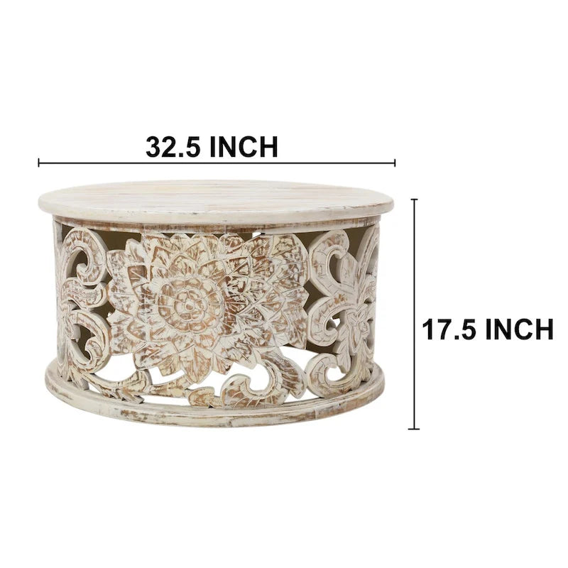 Table basse Alina en manguier sculpté à la main, motif floral ajouré, finition blanc vieilli, 33 po