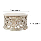 Table basse Alina en manguier sculpté à la main, motif floral ajouré, finition blanc vieilli, 33 po