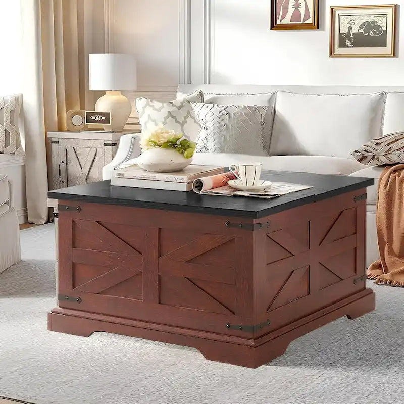 Table basse de salon relevable carrée Roomfitters style ferme, table centrale en bois, table centrale carrée en bois avec rangement caché